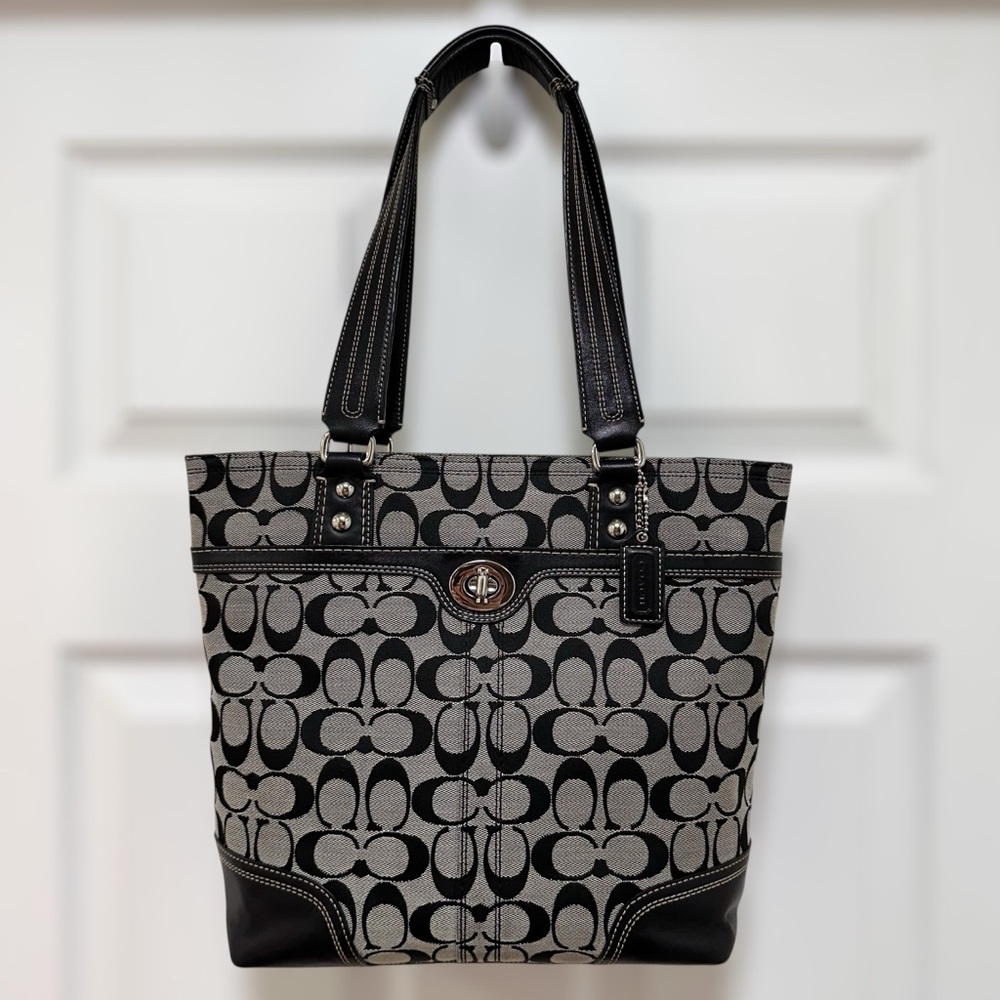 Coach Signature Jacquard Turnlock Gallery Tote Black Gray Y2K